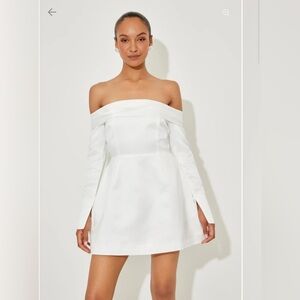 ODD MUSE Satin Bardot Mini Dress - Off-shoulder white satin long sleeve